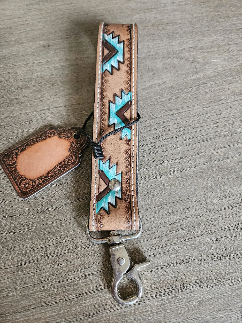 Handcrafted Brown Leather Keychain Wrist Strap with Turquoise Accents-NWT